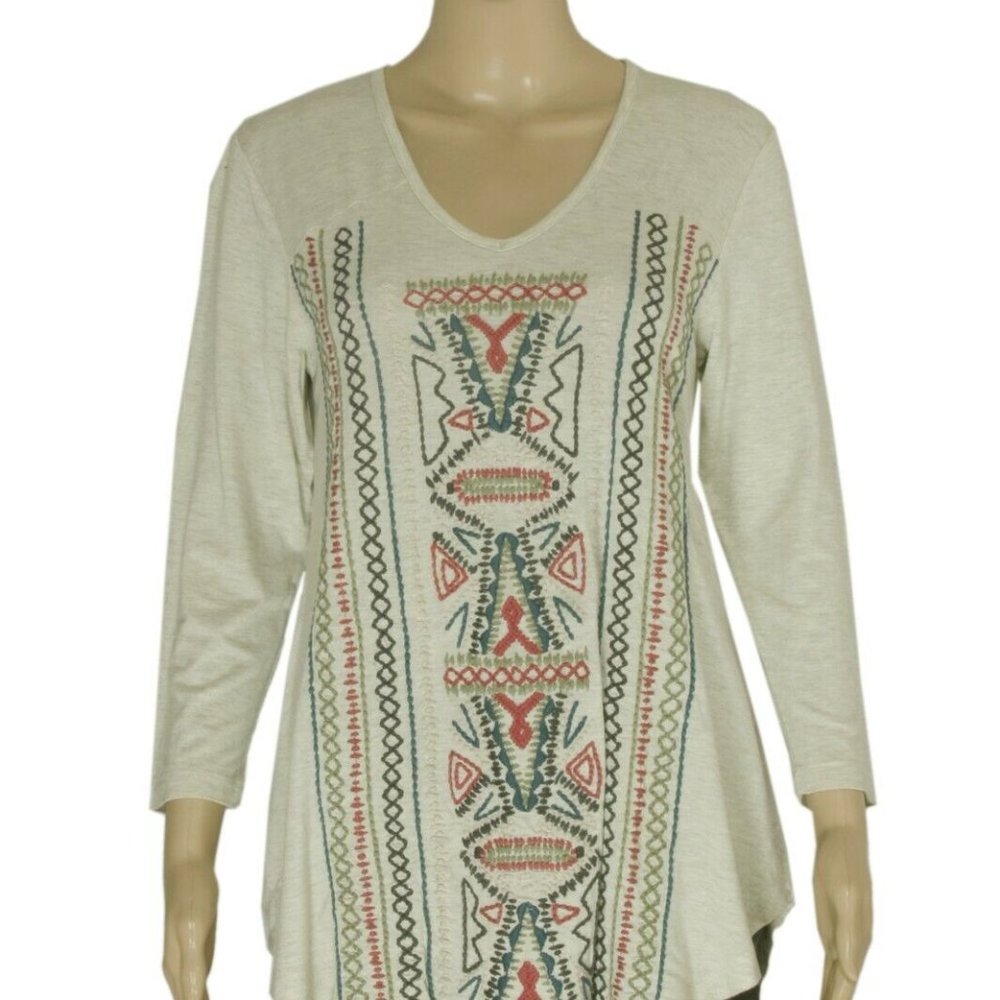 Caite Anthropologie Floral Embroidered V Neck High Low Off White Tunic Top  S
